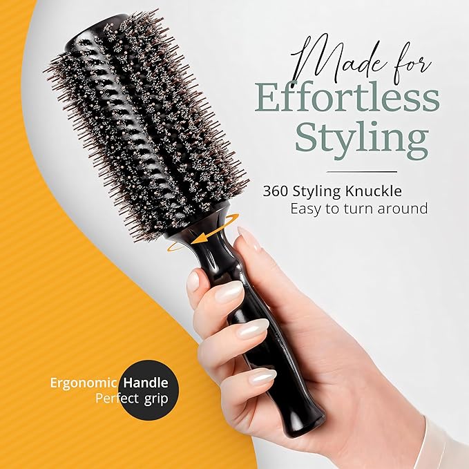 Boar Bristle Round Brush for Blow Out Set by Belula. Round Hair Brush For Blow Drying. Small 2” Wooden Barrel. Hairbrush Ideal to Add Volume and Body. Free 3 x Hair Clips & Travel Bag