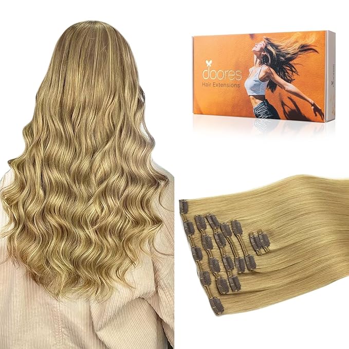 DOORES Clip in Hair Extensions - Dirty Blonde, 22 Inch, 7pcs 120g - Real Human Hair for Women, Thick Silky Straight Natural Extensions