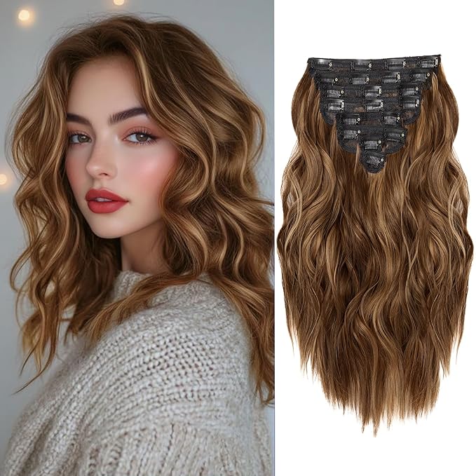 Hair Extensions for Women, 8PCS 16 Inch Curly Light Brown Clip in Hair Extensions Mix Blonde, Synthetic Wavy Full Head Thick Hairpieces for Women