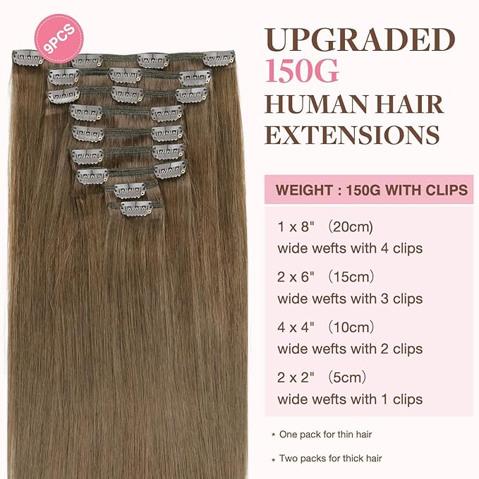 GOO GOO Clip in Hair Extensions Real Human Hair, Remy Human Hair Extensions Clip ins for Women, Natural Human Hair, 22inch 150g 9Pcs, 5 Light Ash Brown