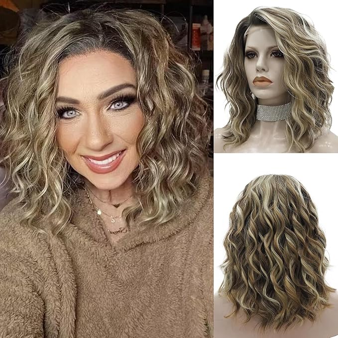 Synthetic Lace Front Wigs: Brown Highlight Ash Blonde 13*4 Inches Lace Front Wig, Short Bob Curly Wigs Synthetic Hair 16 Inches Wig Free Part with Natural Hairline Shoulder Length (Blonde Brown)