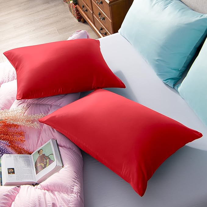 NTBAY Zippered Satin Pillow Cases for Hair and Skin, Luxury Standard Hidden Zipper Pillowcases Set of 2, 20x26 Inches, Red