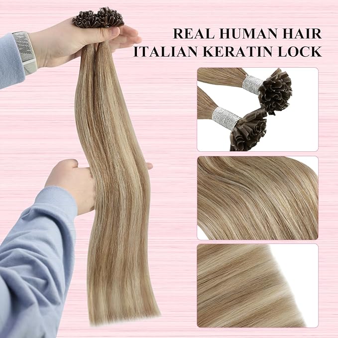 YoungSee U Tip Hair Extensions Real Human Hair Ombre Light Brown and Blonde Utip Real Hair Extension Balayage Human Hair K Tips Extensions for Long Hair Ktips Hair Extension Add Length 1G/S 50G 22In