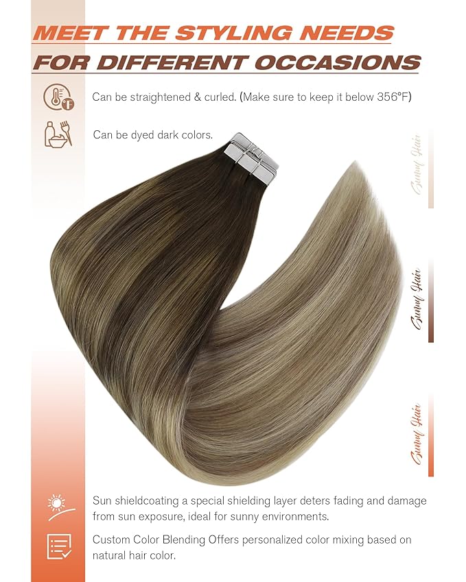 Sunny Hair Tape in Hair Extensions Human Hair Brown Balayage Blonde Tape in Extensions 14 Inch Real Hair Extensions Tape in 20Pcs 50g