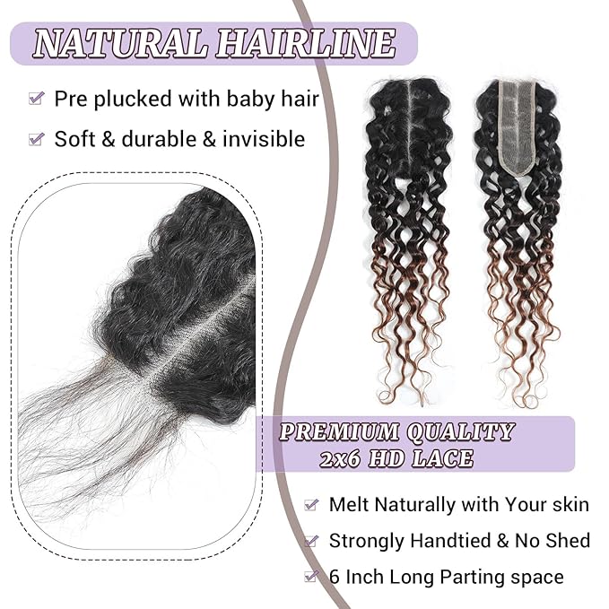 T1B/2/30 Ombre Water Wave Closure 2x6 100% Real Human Hair 20 Inch Chestnut Brown Ombre Water Wave Transparent Lace Closure