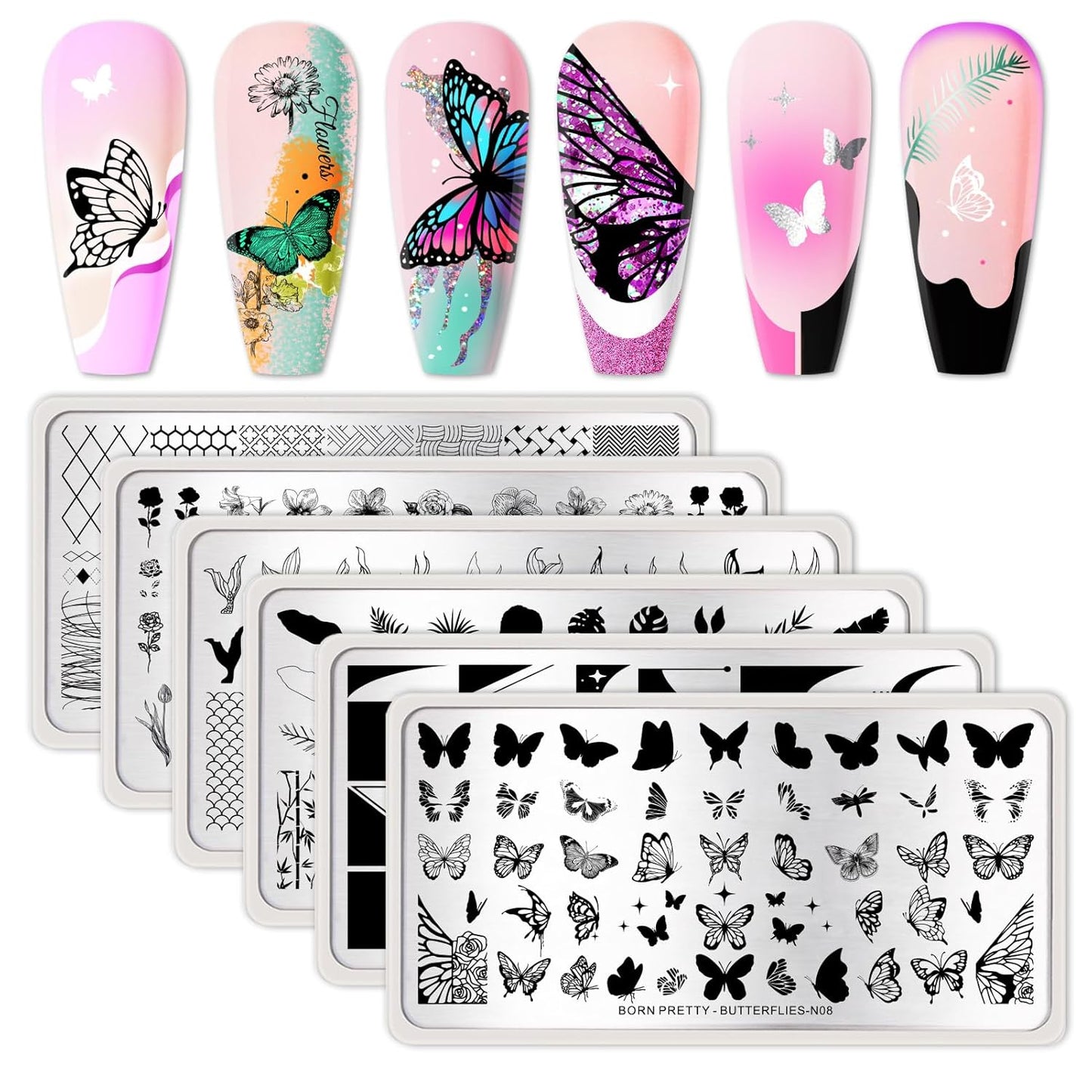 Born Pretty Nail Stamping Plates Set Nail Art Image Plates Plaid Flowers Leaves Geometric French Stamp Templates Kit Image Manicuring DIY Printing Tools 6PCS