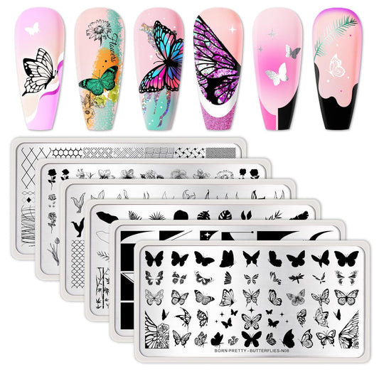 Born Pretty Nail Stamping Plates Set Nail Art Image Plates Plaid Flowers Leaves Geometric French Stamp Templates Kit Image Manicuring DIY Printing Tools 6PCS