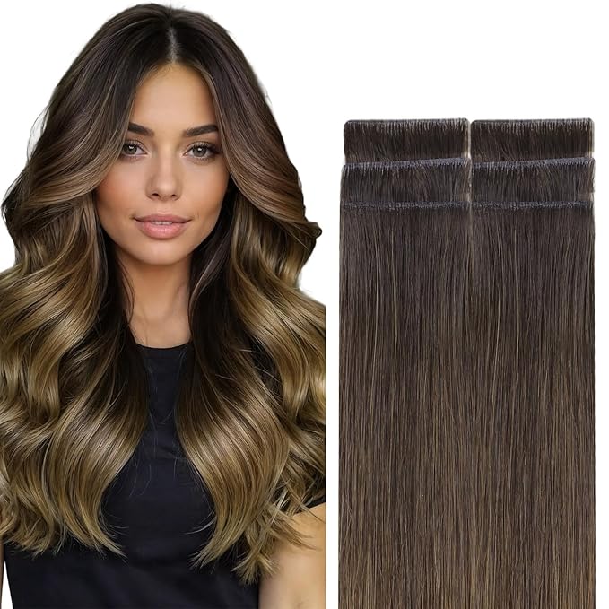 GOO GOO Invisi Edge Tape in Hair Extensions Human Hair, 1D/2C/4E Chocolate Dip Color Melt, 6pcs 12inch 15g, Virgin Remy Hair, Seamless Injected Tape, Natural Look