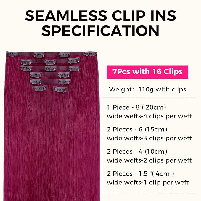 Lashey Seamless Clip in Hair Extensions Human Hair 110g 7pcs Burgundy #99j Straight 16 Inch Colored Clip in Human Hair Extensions for Women Invisible PU Weft