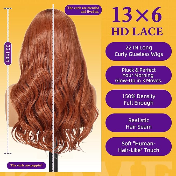 Auburn Synthetic Lace Front Wig,13×6 Curly Ginger Glueless Wigs for Women Daily Use 22IN（#TT33/130B）