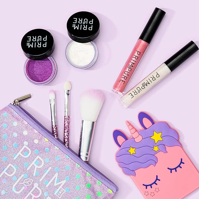 Prim and Pure Mineral Gift Set with Unicorn Mirror| Perfect for Play Dates & Birthday Parties | Kids Eyeshadow Makeup – Mineral Blush | Organic & Natural Makeup Kit for Kids| Made in USA (Purple)