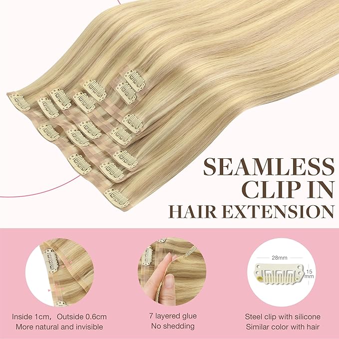 GOO GOO Clip in Hair Extensions Real Human Hair, Remy Human Hair Extensions Clip ins for Women, Natural Human Hair, 14inch 110g 7Pcs, 18D/22F Dirty Blonde Highlights