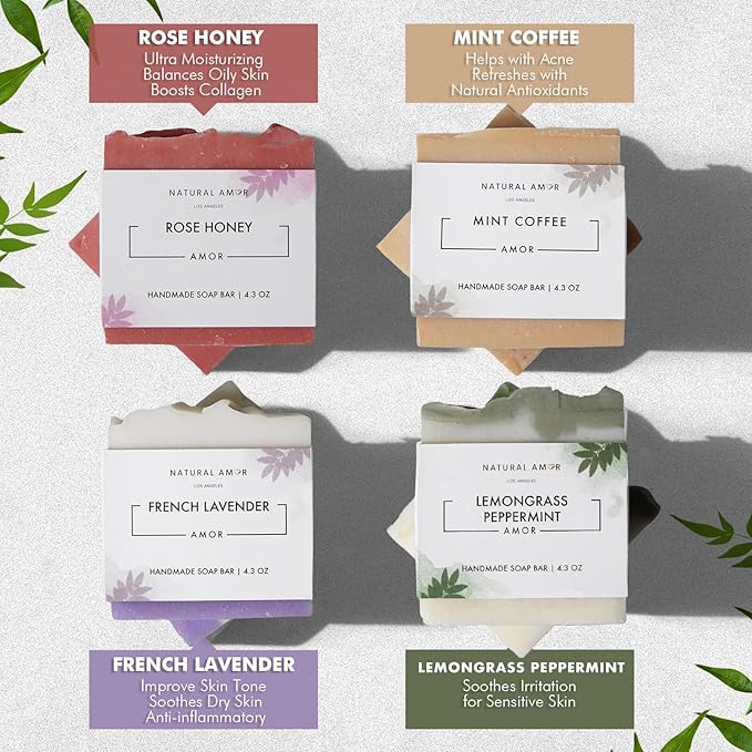 Natural Amor Handmade Soap Bar Set (4 Pack), Cold Process, Natural Ingredients Gift Box for Women, Moisturizing Body & Face Bars, Spa Self Care Gift
