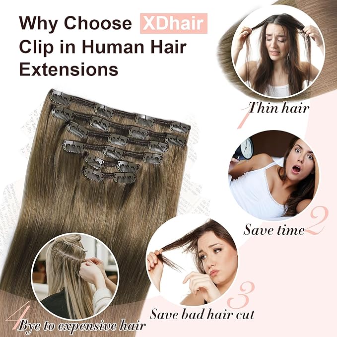 XDhair Clip in Hair Extensions Human Hair,120g 18 Inch Ash Brown Clip in Remy Hair Extensions Straight for Women 6 Pieces (#8,18Inch)
