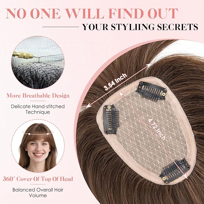 Hairro Human Hair Toppers with Wispy Bangs, 3.5x4.7" Hand-wovened Base for Women with Thinning Hair, Lightweight & Breathable Realistic Scalp, Clip-in Hairpieces for Easy Wear, 12 Inch Dark Brown