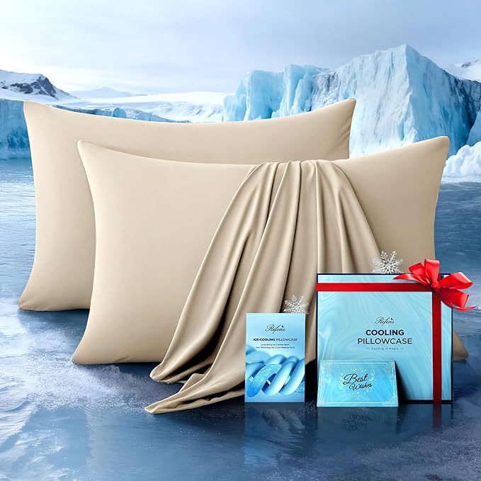 Ultra-Chill Cooling Pillowcase Set of 2 for Hot Sleepers, Softer Than Silk Pillow Cases for Protecting Hair & Skin, Breathable Bed Pillow Covers w/Zipper, Gifts for Women & Men(Beige, Standard)