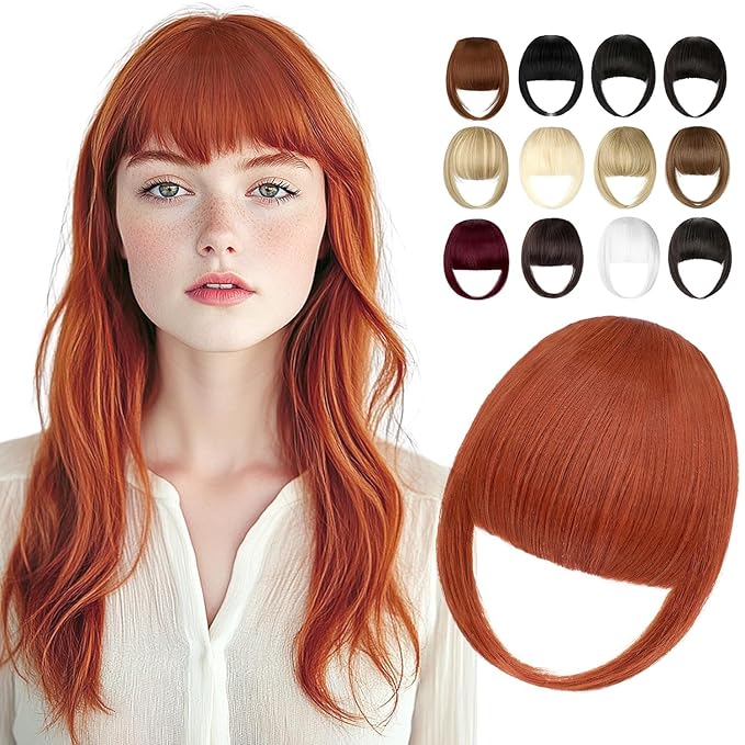 Clip in Bangs, Synthetic French Bangs Hair Clip, Fake Bangs Fringe with Temples Hairpieces for Women Natural Curved Hair Extensions for Daily Wear Copper Red