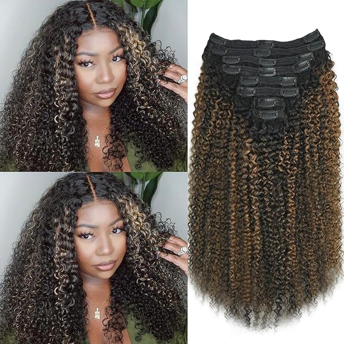 3c 4a Curly Clip in Hair Extensions T1BP1B/30 Omber Kinky Curly Clip ins For Women Brazilian Virgin Clip on Hair (12inch,T1BP1B/30)