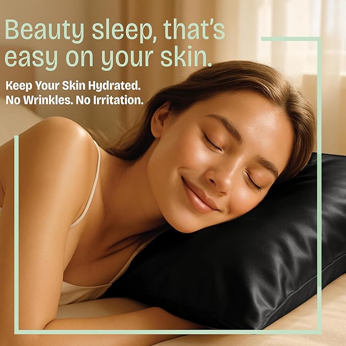 BLISSFORD Black Satin Pillowcase with Zipper for Hair and Skin Care, Feels Soft and Cool Like a Silk Pillowcase, Satin Pillow Cases 2 Pack, Slik Pillow Cover, Standard Size, Set of 2