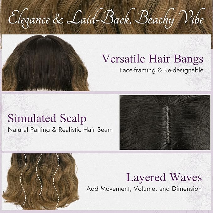 BARSDAR Brown Ombre Short Wavy Wig with Bangs - Short Wavy Brown Wig for Women - Fluffy Soft Synthetic Curly Textured French Bob Ombre Wigs with Bangs Natural Looking Face-Framing Daily
