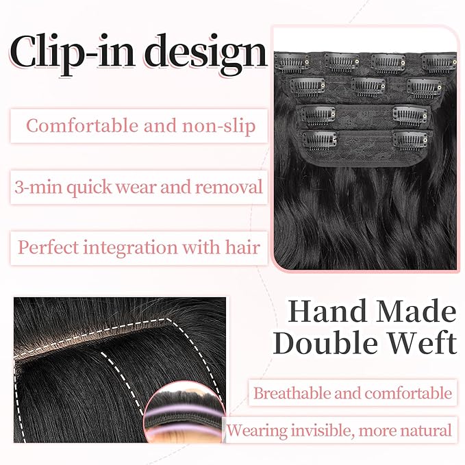 KooKaStyle Clip in Synthetic Hair Extensions Long Wavy 4PCS Thick Hairpieces Black Fiber Double Weft Natural Hair Extensions 24 Inch for Women