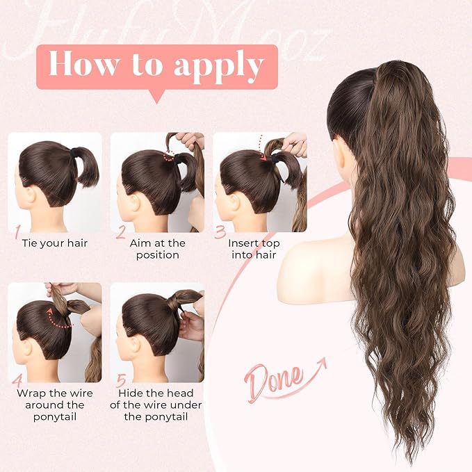 Flufymooz Ponytail Extension, Flexible Wrap Around Ponytail Hair Long Wavy Curly Hair Extensions Natural pony tail Synthetic Hairpiece for Women 32 Inch (Medium Chocolate Brown)