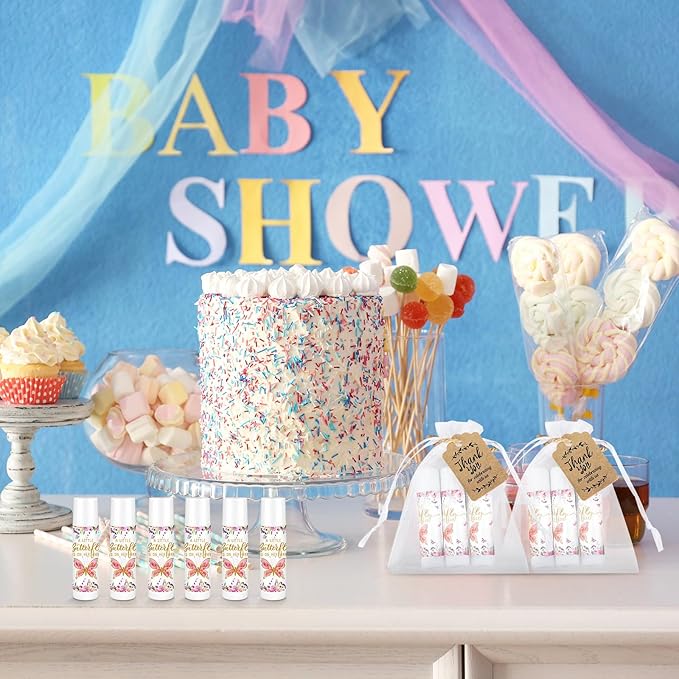 Demissle 50 Pcs Baby Shower Lip Balm Gift Set with 100 Pcs Organza Bags Baby Shower Party Favor for Guest Thank You Tag Rope Baby Shower Party Decoration Gender Reveal Souvenirs (Butterfly)