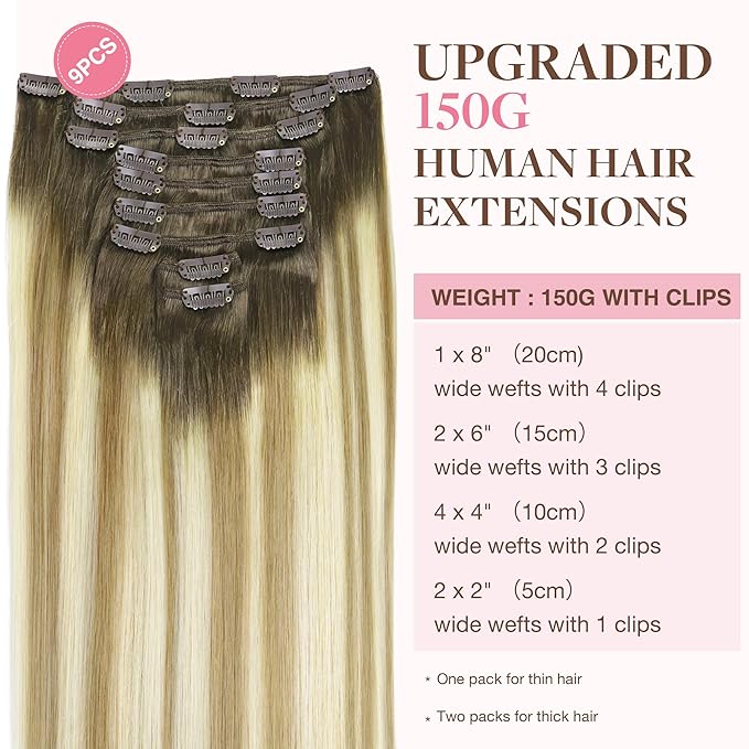 GOO GOO Clip in Hair Extensions Real Human Hair, Remy Human Hair Extensions Clip ins for Women, Natural Human Hair, 18inch 150g 9Pcs, 5A/90/16F Bahamian Balayage