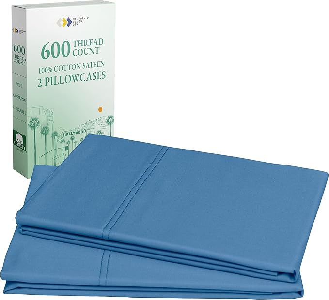 California Design Den King Size Pillows Cases Set of 2-600 Thread Count Sateen, Natural 100% Cotton Pillowcases King, Crisp, Durable Premium-Feel Bedding - Parisian Blue
