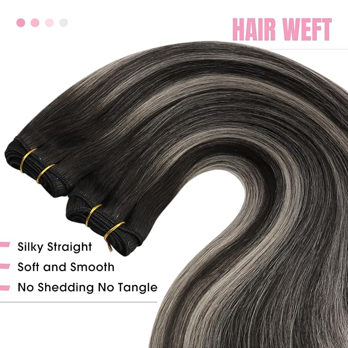 YoungSee 130G Weft Hair Extensions Ombre Black Sew in Hair Extensions Black Ombre Silver Blonde Balayage Sew in Hair Extensions Real Human Hair 24Inch