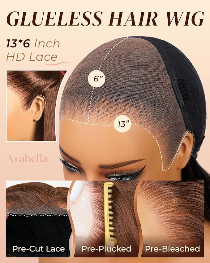 Arabella 13x6 Chocolate Brown Glueless Wigs Human Hair Pre Plucked Pre Cut 13x6 Ear to Ear Full HD Lace Front Wigs Human Hair 210% Density 4# Brown Straight Wig Drawstring Wig Human Hair 30 Inch