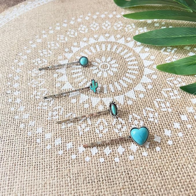 Western Style Hair Bobby Pins 4 Pcs Women's Turquoise Howlite Stone Hair Clip Cowgirl Chic Retro Hair Accessories