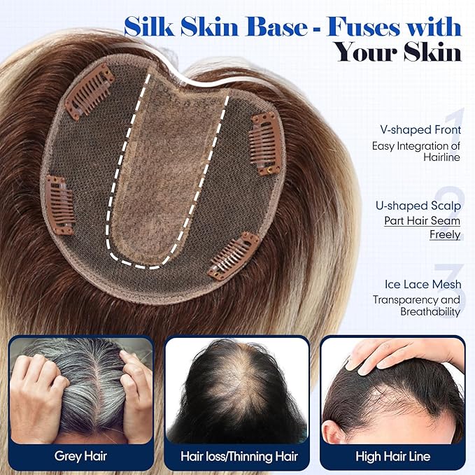 HAIRCUBE Hair Toppers For Women With Thinning 5"*5" Large Base Real Hair Toppers For Women, 14 Inch For Hand-Woven, 60g, Silk, Natural, realistic, Use Daily, Hairloss, Blonde Mixed Brown, with bangs