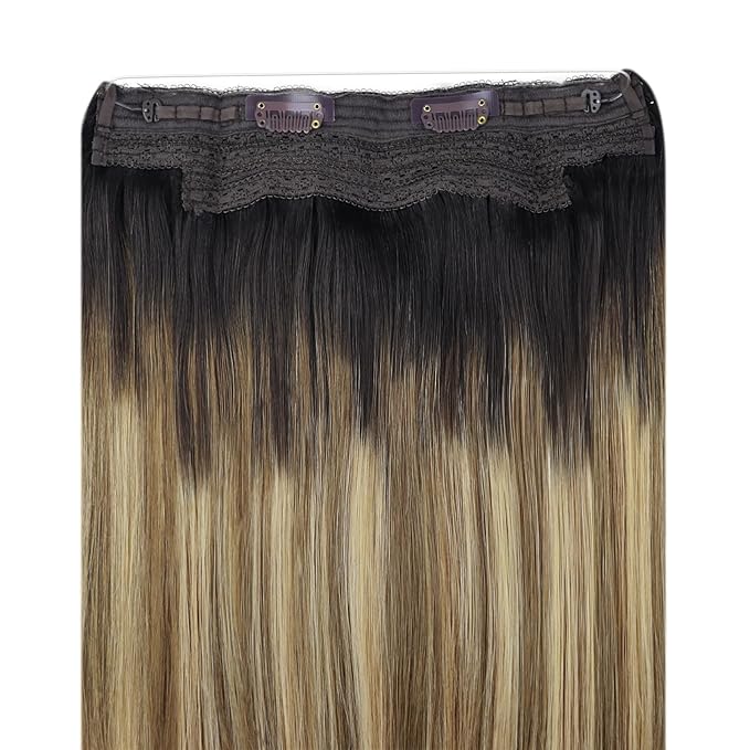 YoungSee Wire Hair Extensions Balayage Wire Hair Extensions Real Human Hair Ombre Fish Line Extensions Dark Brown Roots to Medium Brown with Blonde Dyable Remy Hair 14Inch 80G