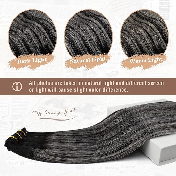 Ve Sunny Human Hair Clip in Extensions Black Ombre Clip in Hair Extensions for Women Clip Hair Extensions Real Human Hair Long Hair Extensions Natural Black Balayage Grey Silver 7pcs 120g 24inch