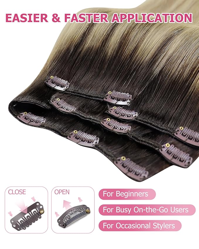 YoungSee Ombre Hair Extensions Clip ins Medium Brown Roots to Golden Mix Platinum Blonde Clip in Hair Extensions Real Human Hair Brown to Blonde Clip in Hair Extension Short Hair 12Inch 7Pcs 85G