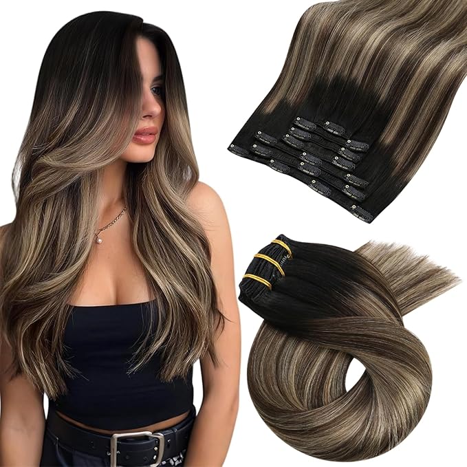 Moresoo Clip in Hair Extensions Remy Double Weft Human Hair Clip in Extensions Balayage Straight Hair Extensions for Women Ombre Black to Brown with Dark Blonde 7pcs 120g 22inch