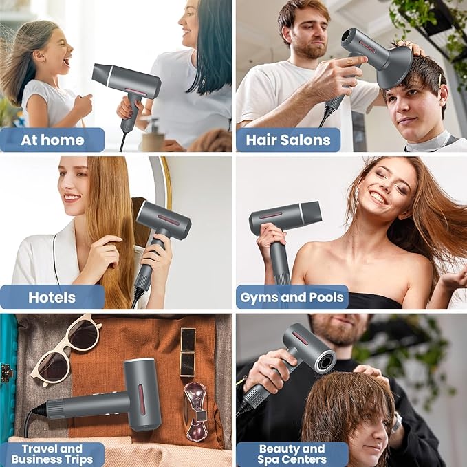 Hair Dryer, 180000 RPM High-Speed Brushless Motor, 1 Min Fast Drying & No Heat Damage, 600 Million Negative Ions with Concentrator & Diffuser, Salon-Level 7 Temp / 3 Speed, HD Digital Screen,Gunmetal