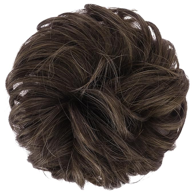 FESHFEN Messy Bun Hair Piece - Large Elastic Wavy Curly Hair Bun Scrunchies Ponytail Extensions Synthetic Chignon Hairpieces for Women, Mixed Chocolate Brown 1.94oz