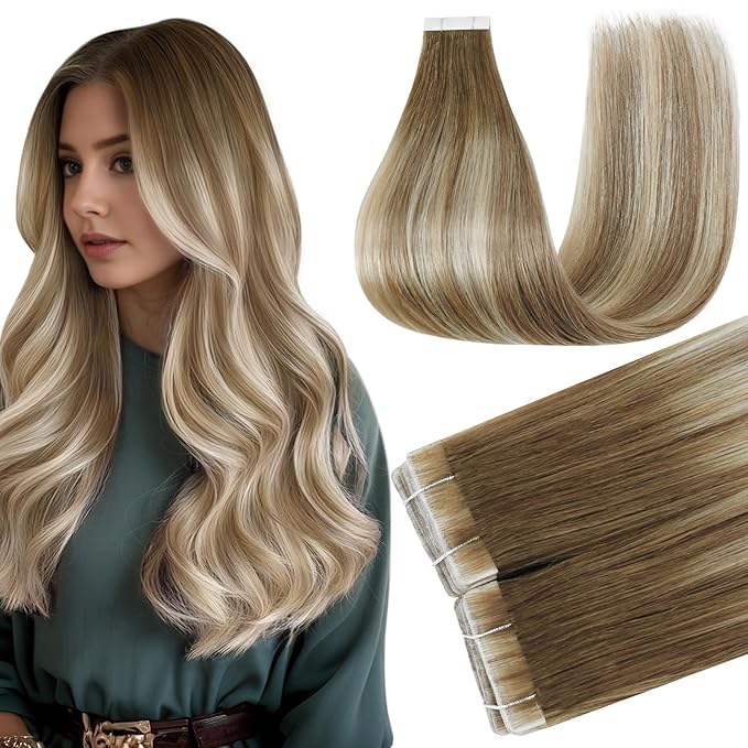 Full Shine Tape in Human Hair Extensions Color 3/8/22 Brown And Blonde Tape in Hair Extensions 20Inch Brazilian Double Sided Skin Weft Invisible Extension 50G 20Pcs Travel Friendly Styling