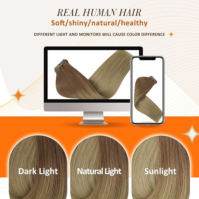 Full Shine Balayage Clip in Hair Extensions Light Brown to Blonde Clip in Human Hair Extensions PU Weft Seamless Clip ins for Women Soft Hair 18 Inch 8 PCS 120G