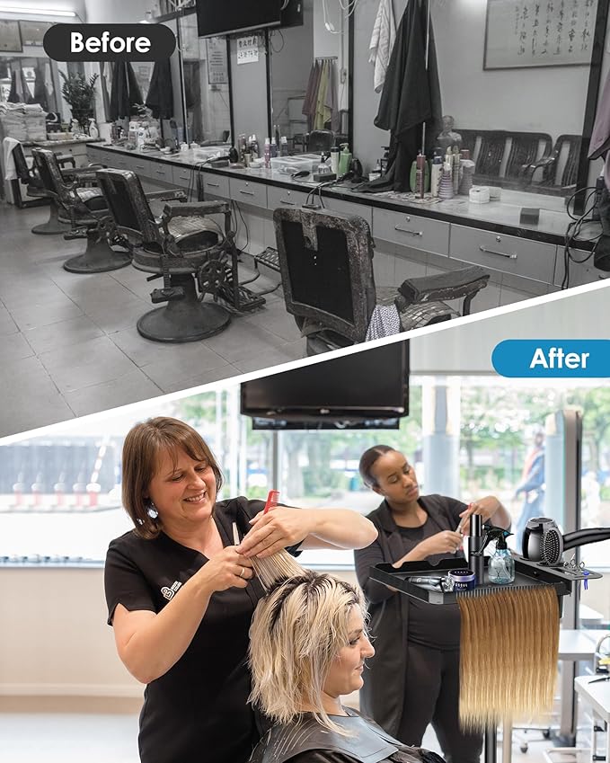 Salon Tray on Wheels,Metal Tray Rolling Cart with 2 Magnetic Bowls,Tattoo Tray, Salon Station with Hairstylist Holder and Hair Separator Stand,Multi-Function Adjustable with Wheels