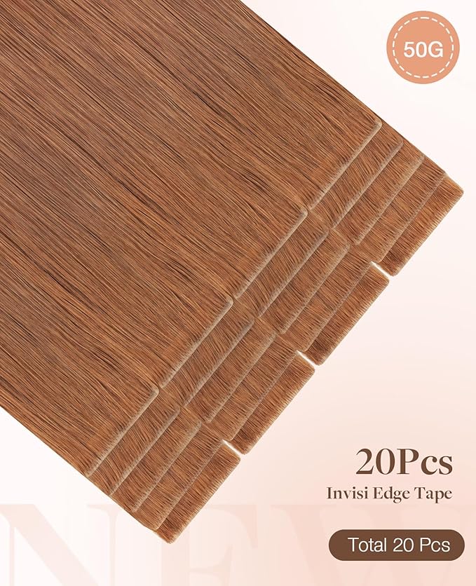 GOO GOO Invisi Edge Tape in Hair Extensions Human Hair, 330 Cinnamon Terra Copper, 20pcs 14inch 50g, Virgin Remy Hair, Seamless Injected Tape, Natural Look
