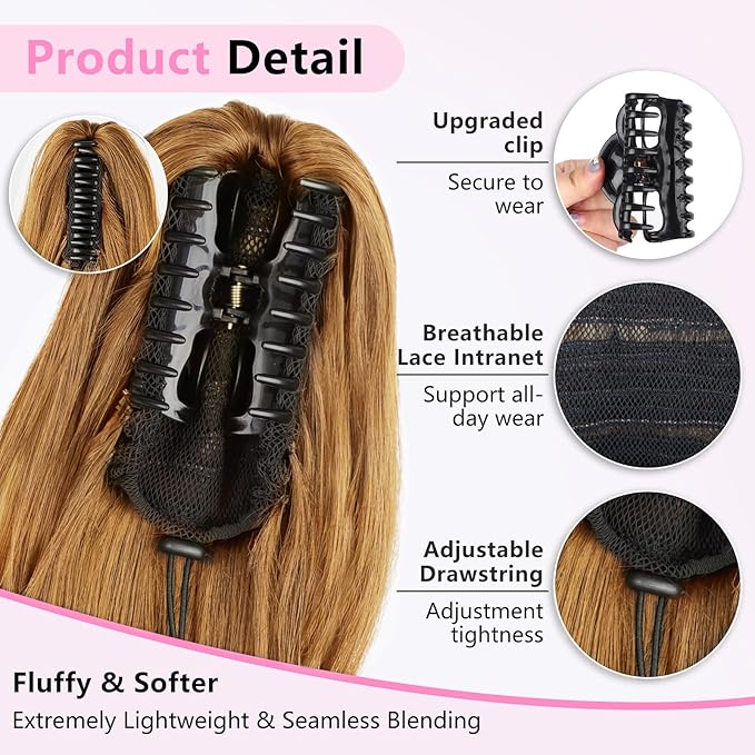 ALXNAN Ponytail Extension,24 Inch Claw Clip in Long Curly Wavy Light Orange Blonde Ponytail Hair Extension Jaw Clip on Pony Tails Hairpiece for Women