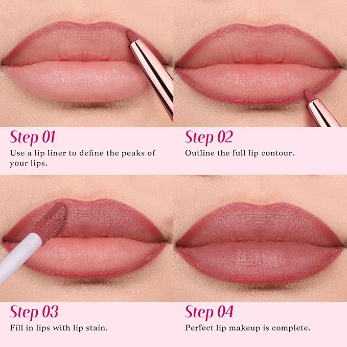 2 PCS Lip Liner and Lip Stain Combo Set, High Pigmented Long Lasting Velvet Lip Tint, Well-Defined Lipliner, Weightless Waterproof Not Animal Tested, Matte Finish Makeup