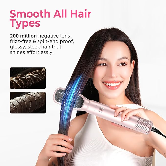 6 in 1 Hair Dryer Brush, Detachable Air Styler, 3 Heat Settings Blow Dryer Brush Frizz-Free Volumizing, Straightening, Curling ALCI Safety Plug for Travel & Home Styling (Pink)
