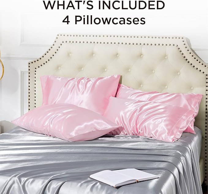 Bedsure Satin Pillowcase for Hair and Skin Queen - Pink Silky Pillowcase 4 Pack 20x30 Inches with Envelope Closure, Similar to Silk Pillow Cases, Gifts for Women Men