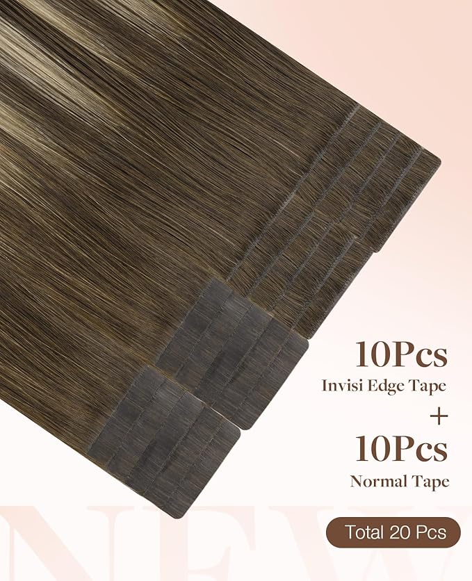 GOO GOO Invisi Edge Tape in Hair Extensions Human Hair, 4/26/4 Balayage Chocolate Brown to Honey Blonde 10pcs injected with 10pcs classical tape ins, 16inch 50g, Virgin Remy Hair, Natural Look
