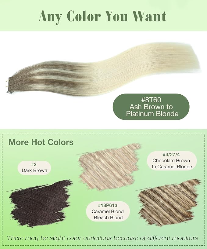 SURNEL 22 inch Tape in Hair Extensions Ombre Color 8 Ash Brown Fading to 60 Platinum Blonde Tape in Hair Extension Hum an Hair 20pcs 50g(#8T60-22)