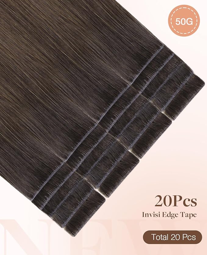 GOO GOO Invisi Edge Tape in Hair Extensions Human Hair, 1D/2C/4E Chocolate Dip Color Melt 20pcs 10inch 30g, Virgin Remy Hair, Seamless Injected Tape, Natural Look